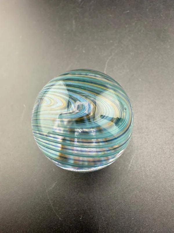 Brando Glass Marble – 34mm Blue & Teal Line Work Over Clear Marble