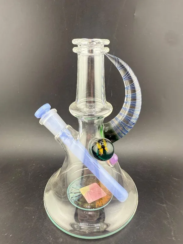Brando Glass Mini Beaker – Line Worked Horn & Butterfly Millie w/ Teal Downstem 10mm 45°