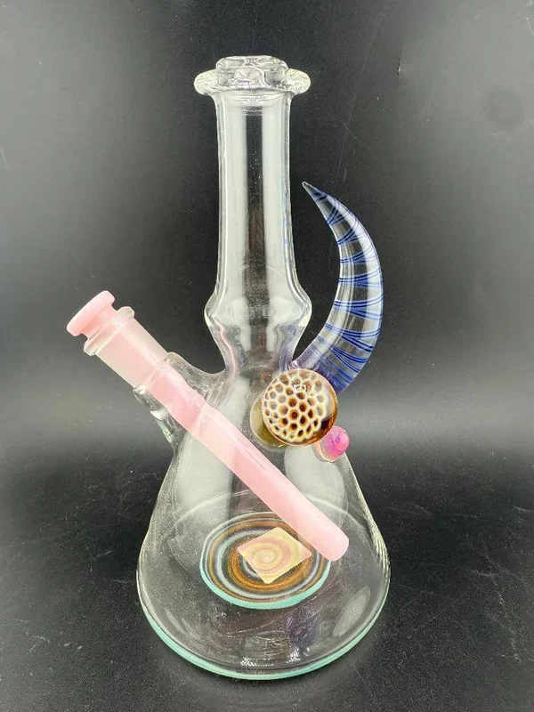 Brando Glass Mini Beaker – Line Worked Horn & Honeycomb Millie w/ Pink Downstem 10mm 45°